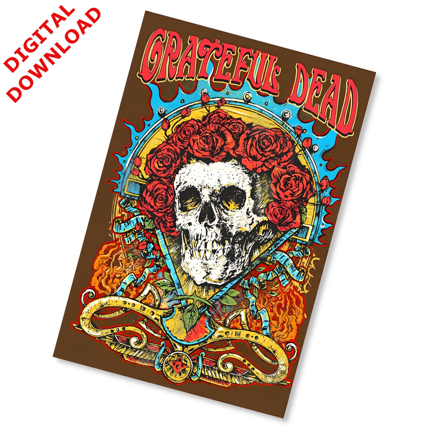 Grateful Dead Skull and Roses Vintage Psychedelic Art Poster - Instant Digital Download