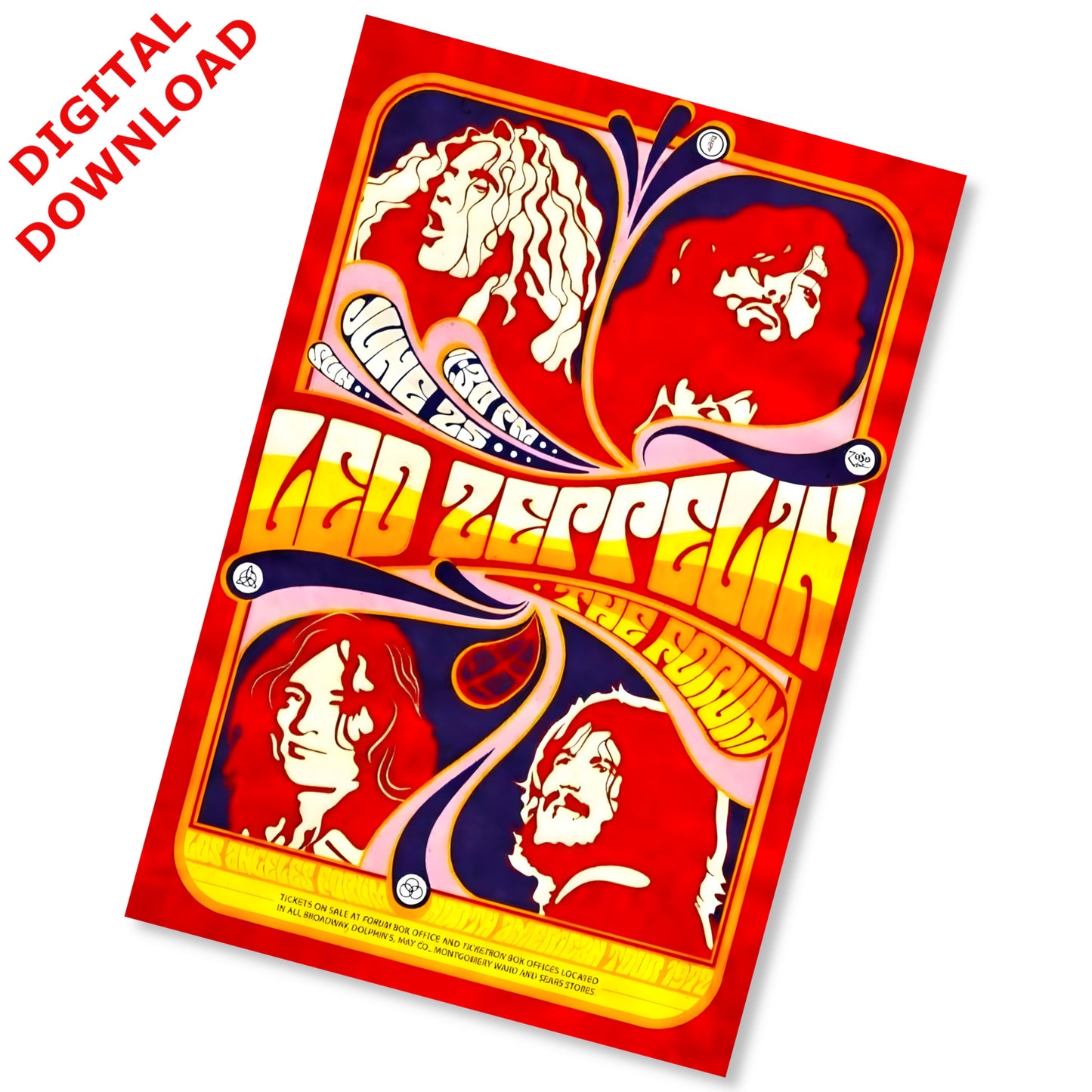 Led Zeppelin 1972 Los Angeles Forum Psychedelic Concert Poster - Instant Digital Download
