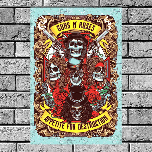 Guns N' Roses Appetite for Destruction ornate art poster in a black frame on a brick wall.