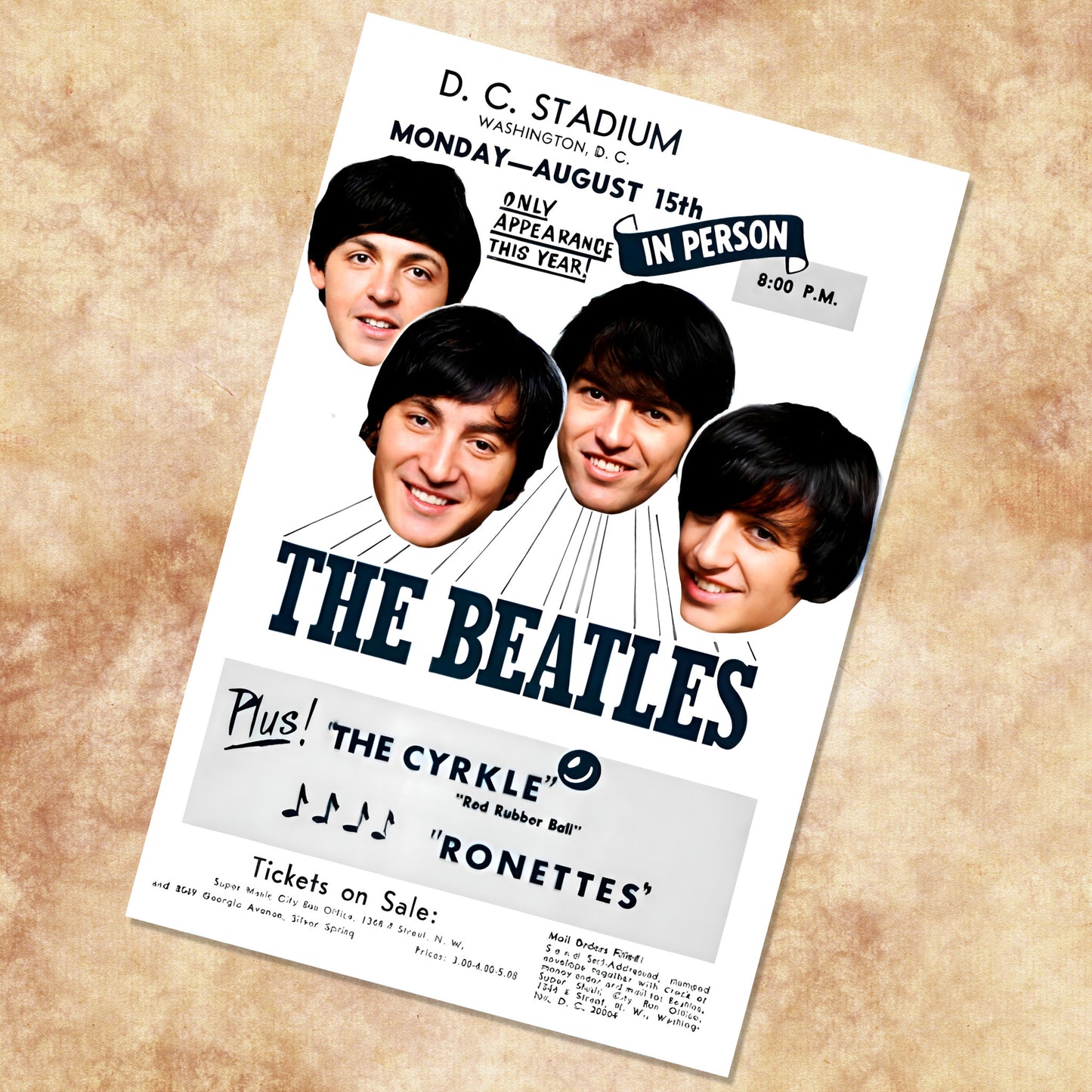 The Beatles 1966 D.C. Stadium Historic Concert Poster - 16x24 Print