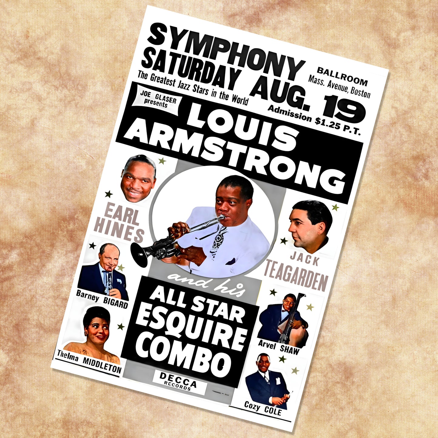 Louis Armstrong Live at Symphony Ballroom Boston Vintage Jazz Concert Poster – 16x24