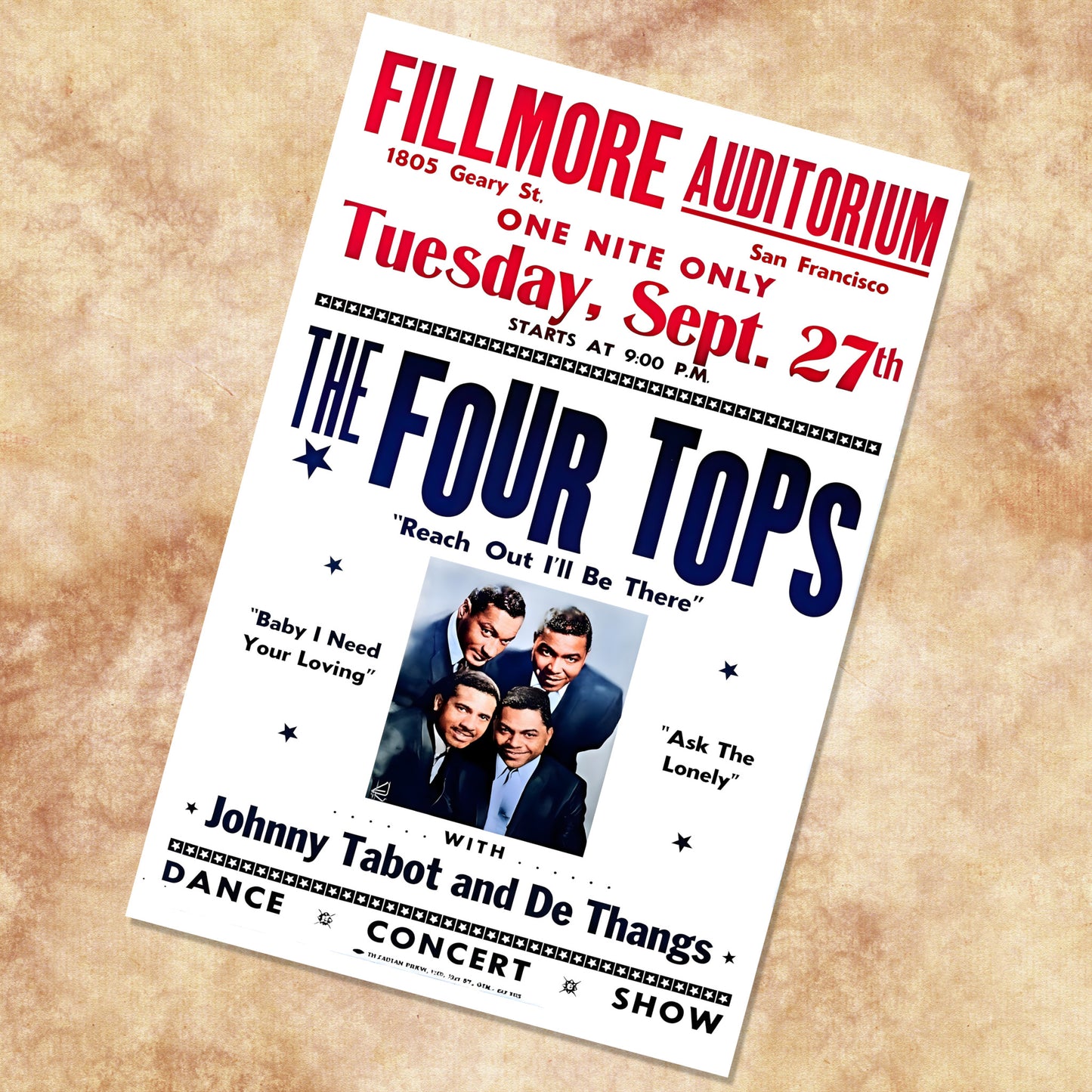 The Four Tops Live at Fillmore Auditorium San Francisco Vintage Concert Poster Print – 16x24