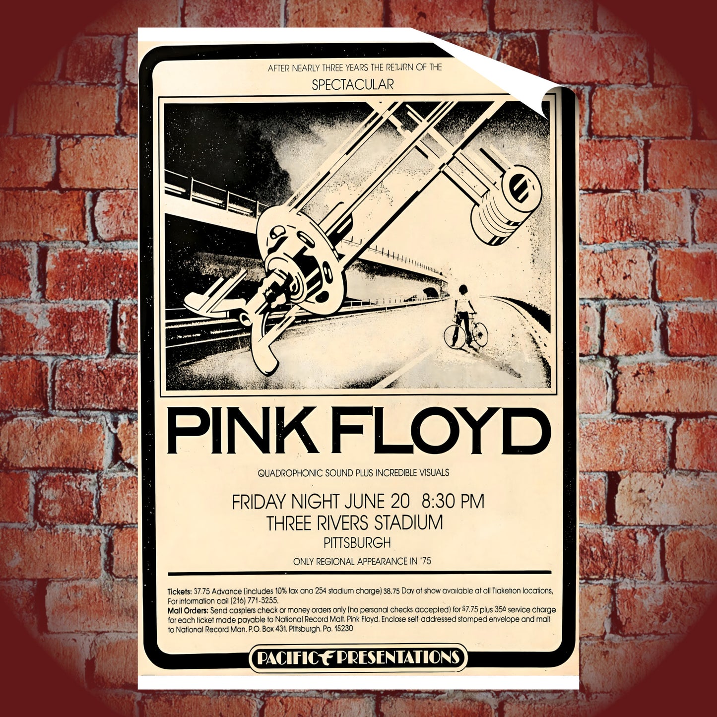 Pink Floyd Three Rivers Stadium 1975 Black & White Concert Poster