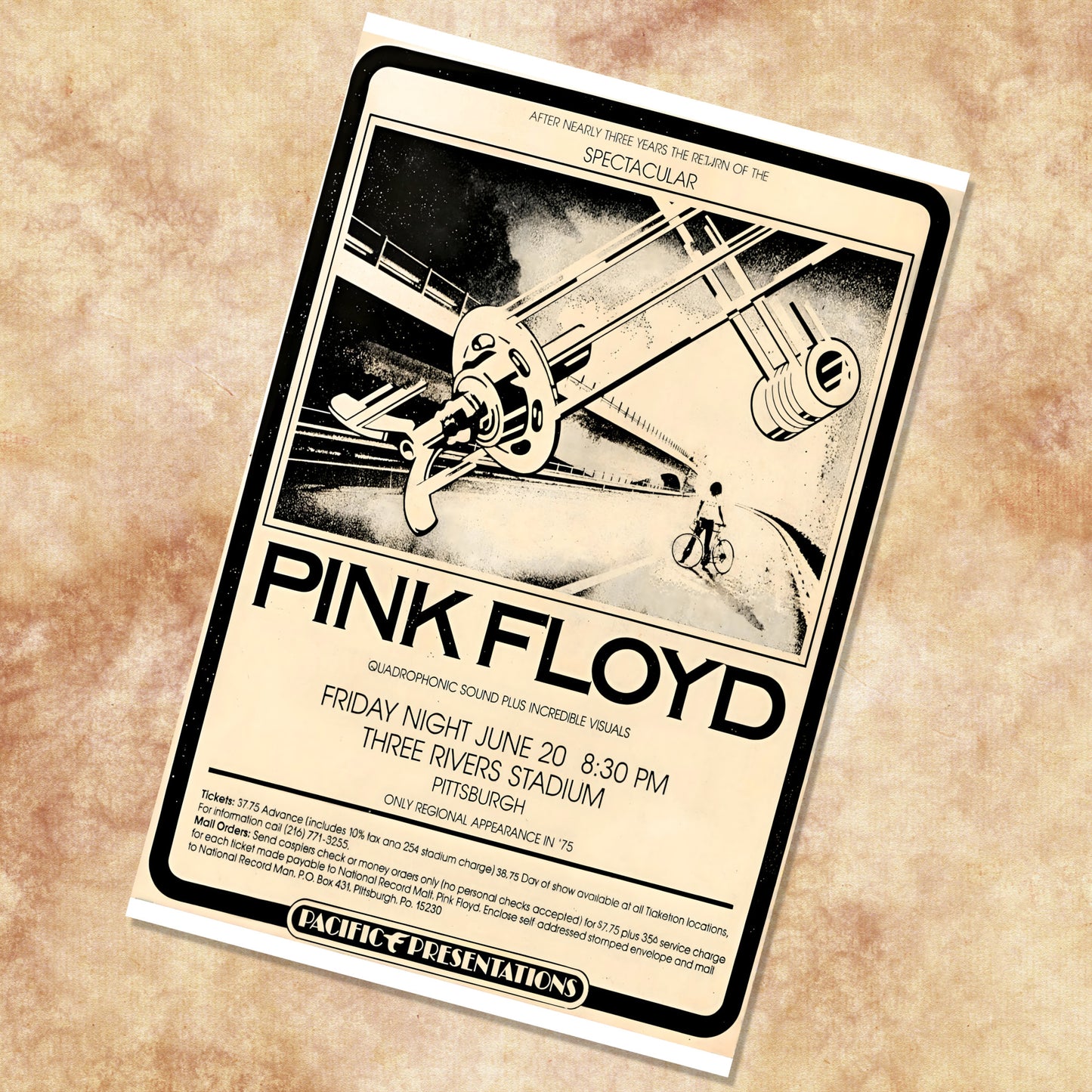 Pink Floyd Three Rivers Stadium 1975 Black & White Concert Poster