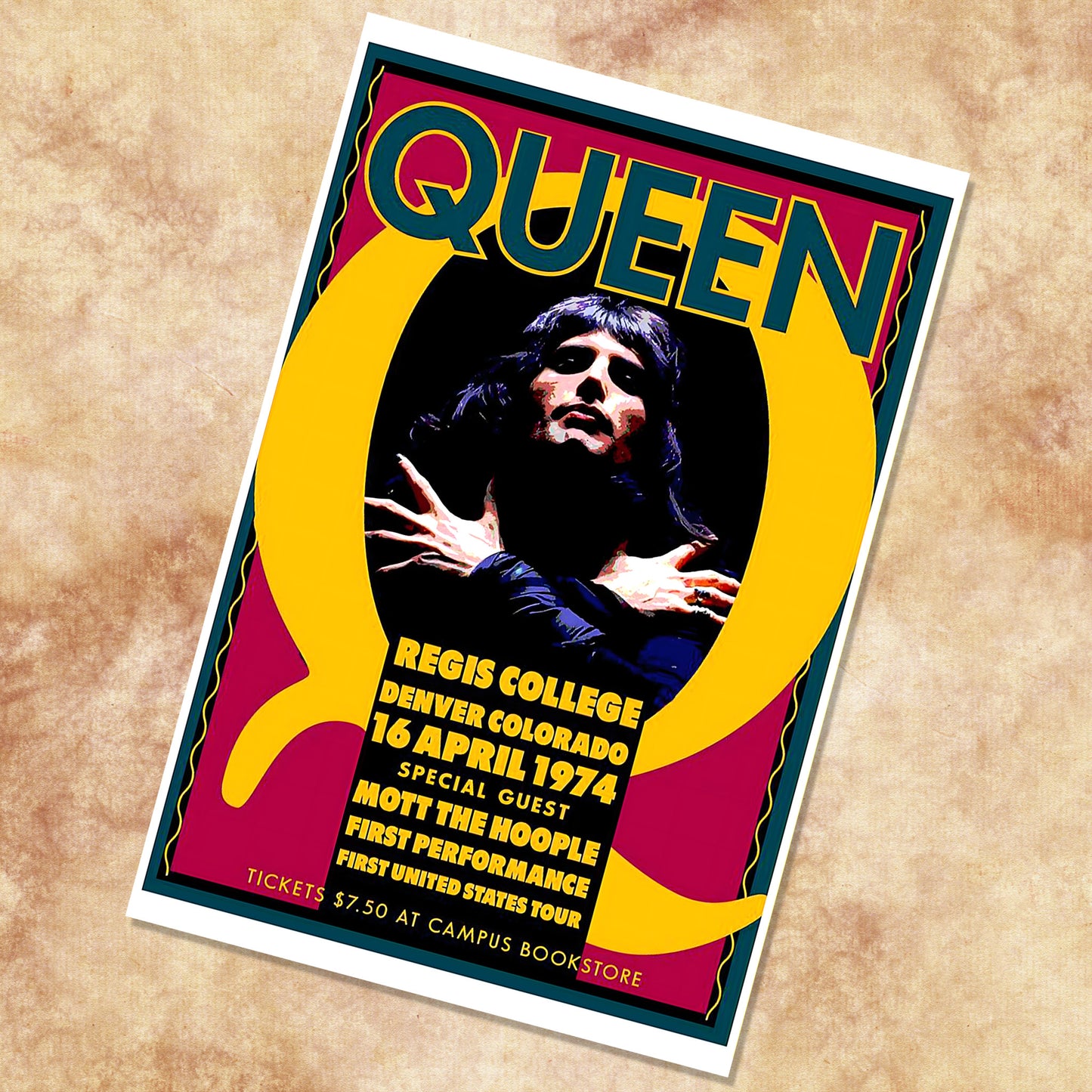 Queen First US Tour Denver Regis College 1974 Vintage Concert Poster