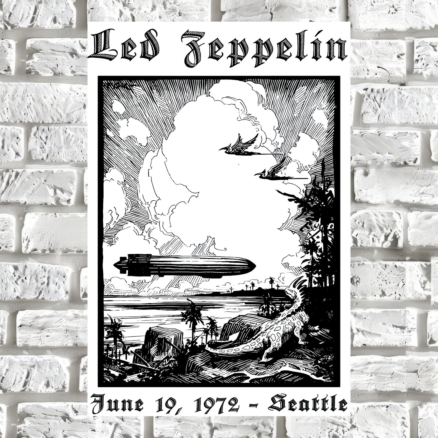 Led Zeppelin 1972 Seattle Concert Poster - Vintage Woodcut Art