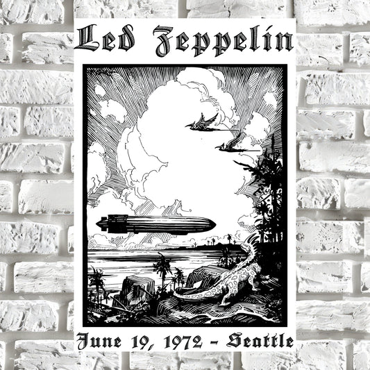 Led Zeppelin 1972 Seattle Concert Poster - Vintage Woodcut Art