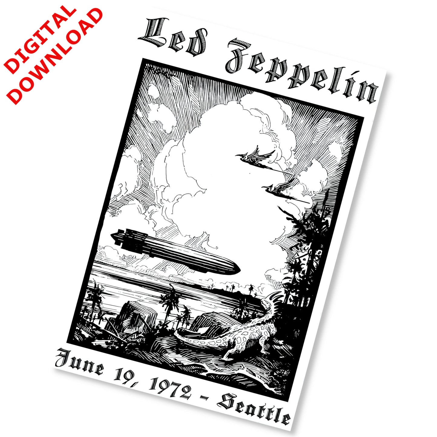 Led Zeppelin 1972 Seattle Concert Poster - Vintage Woodcut Art - Instant Digital Download