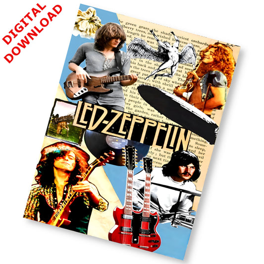 Led Zeppelin Icarus & Double-Neck Guitar Retro Collage Poster - Instant Digital Download